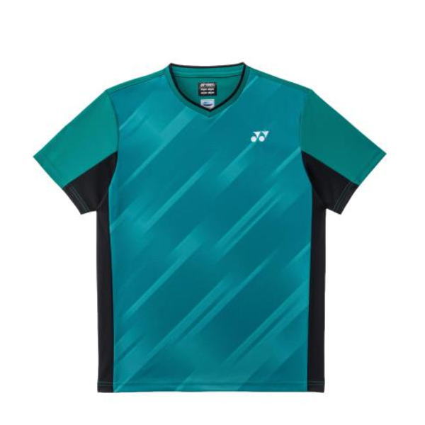 Turquoise athletic jersey with diagonal stripe pattern, black side panels, V-neck, Yonex logo on the left chest.