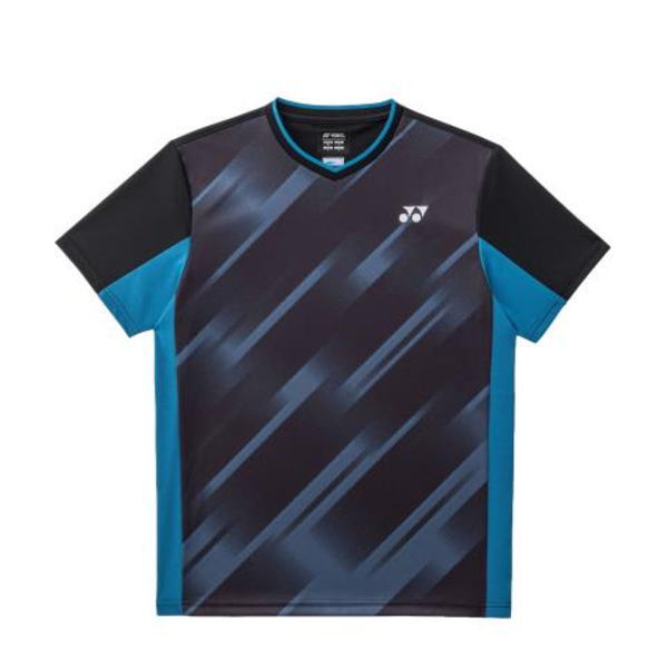 Dark blue and black gradient athletic shirt with diagonal stripes, turquoise side panels, and a small Yonex logo on the chest; V-neck collar.