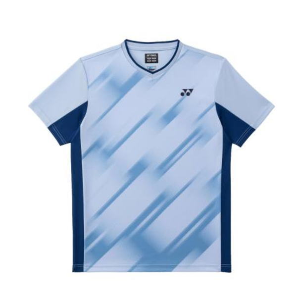 Light blue athletic jersey with diagonal brushstroke pattern, dark blue side panels, V-neck, Yonex logo on chest.