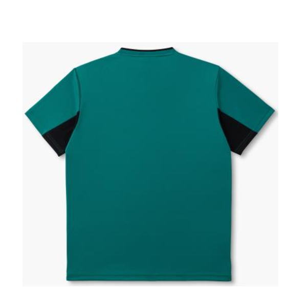 Back view of teal short-sleeve jersey with black accent panels at the cuffs.