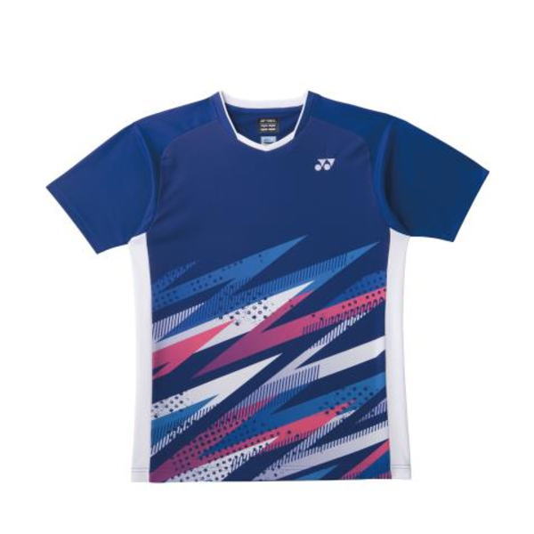 Blue short-sleeve athletic shirt with white side panels and bold pink, white, and blue diagonal streaks; Yonex logo on chest.