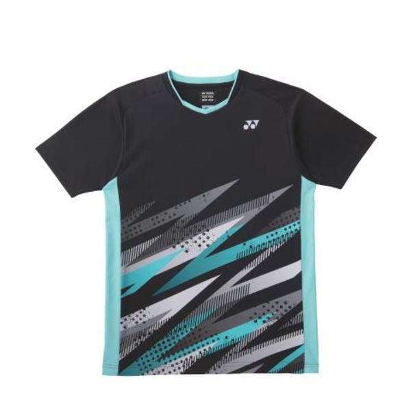 Black athletic shirt with turquoise side panels and an abstract gray-teal chevron pattern across the front, Yonex logo on the chest.”] ,