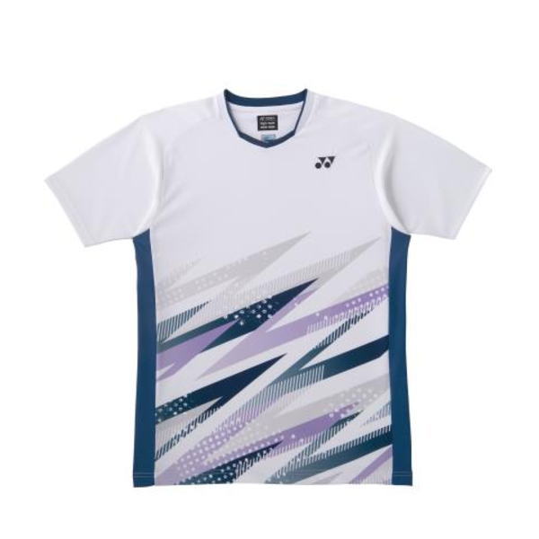 White athletic shirt with blue side panels and a purple/gray zigzag pattern across the front; Yonex logo on the chest.