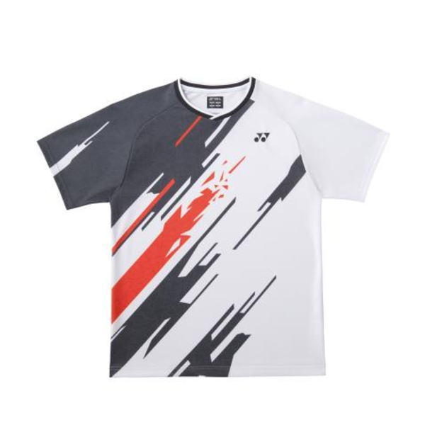 Short-sleeve athletic shirt with diagonal black, red, and white graphic pattern; small brand logo on the chest.