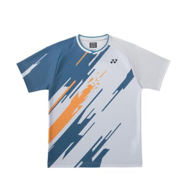 White athletic T-shirt with blue and orange abstract diagonal graphics and a Yonex logo on the chest.