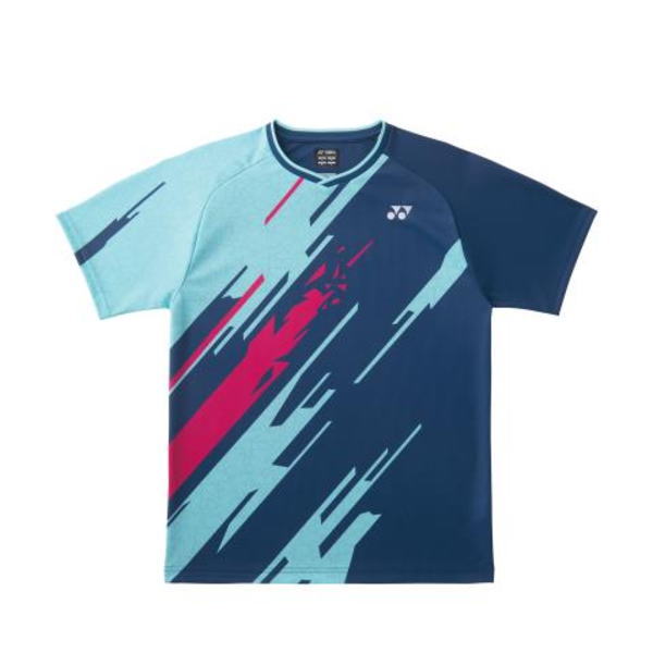 Blue athletic shirt with a diagonal teal and magenta streak pattern across a split navy background; Yonex logo on the left chest.