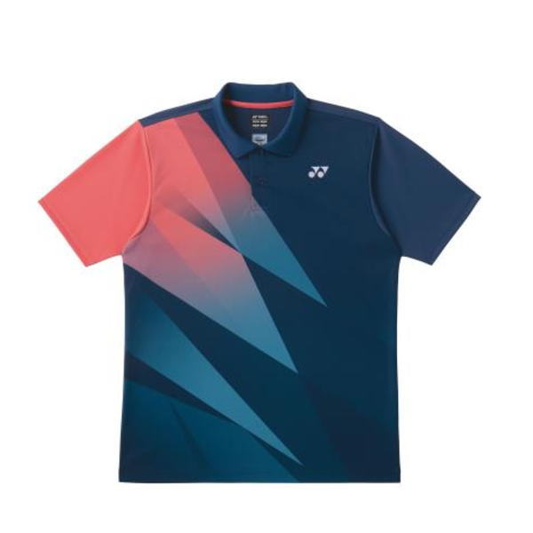 Navy polo shirt with a pink-to-teal geometric triangle pattern on the front left, coral sleeve on the left, and a small white logo on the left chest.