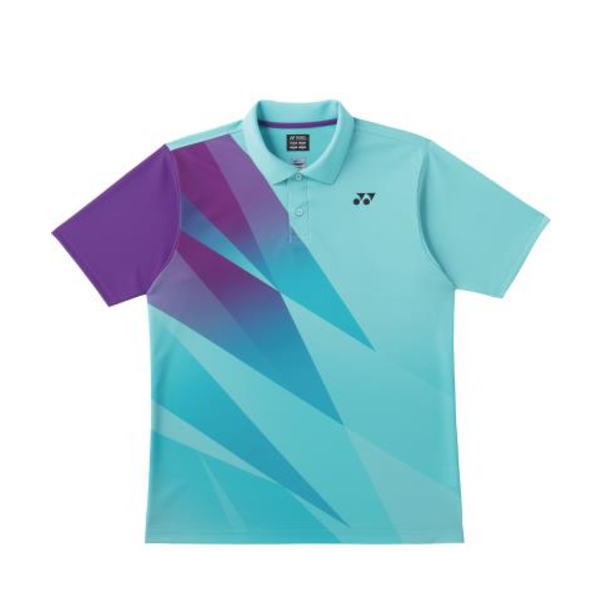 Polo shirt in teal with purple left sleeve and geometric teal-purple pattern on the front, small black logo on chest
