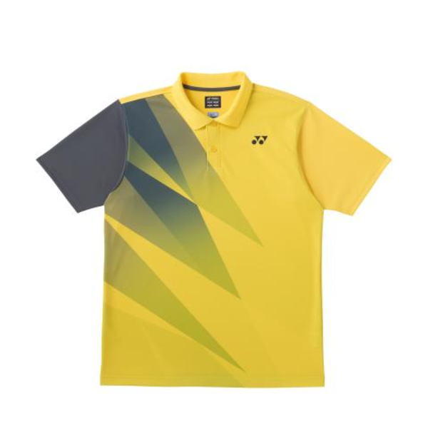 Yellow polo shirt with a dark gray left sleeve and bold lime-green geometric triangles across the front; small brand logo on the chest.