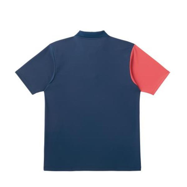 Back view of a navy blue T-shirt with a coral-colored sleeve on the right side of the garment.
