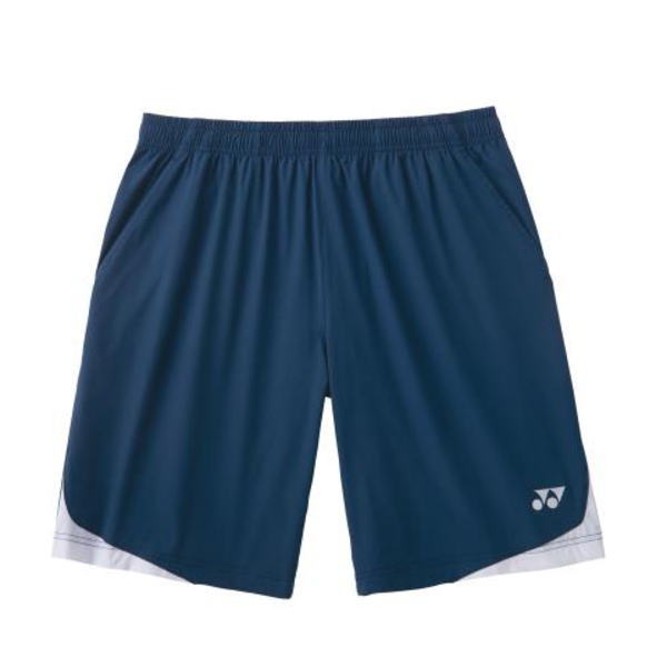 Blue athletic shorts with white trim at the hems and a small logo on the right leg.