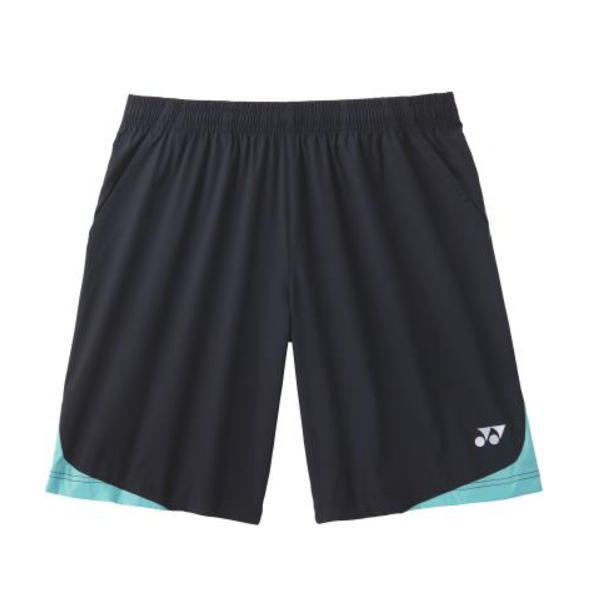 Black athletic shorts with teal trim at the hem and a small logo on the right leg.