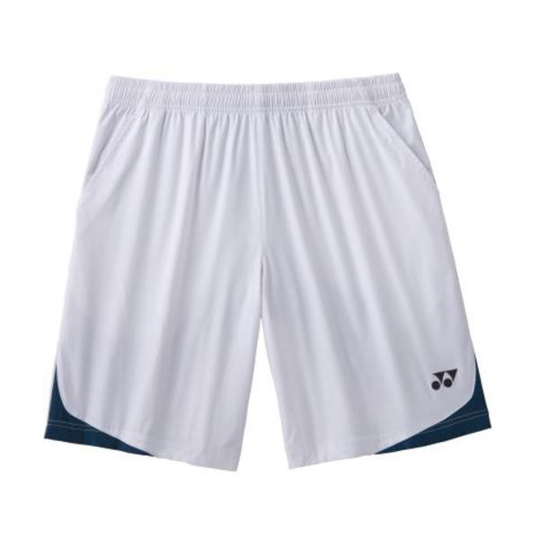 White athletic shorts with navy side panels and an elastic waistband; Yonex logo on the right leg.
