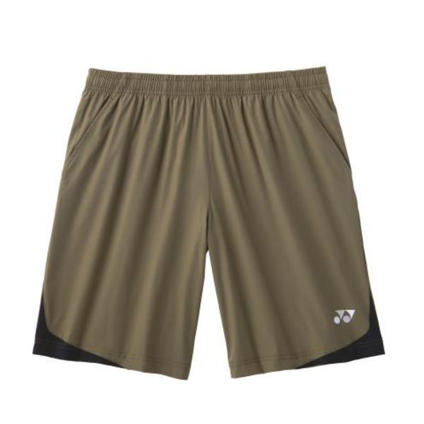 Kakhi athletic shorts with an elastic waistband and black trim at the hem, featuring a small white logo on the left leg