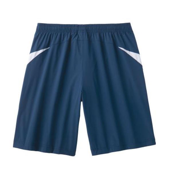 Navy blue athletic shorts with an elastic waistband and white side accents on each leg edge.