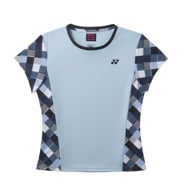 Light blue athletic T‑shirt with dark blue checkered side panels and short sleeves; Yonex logo on the left chest.