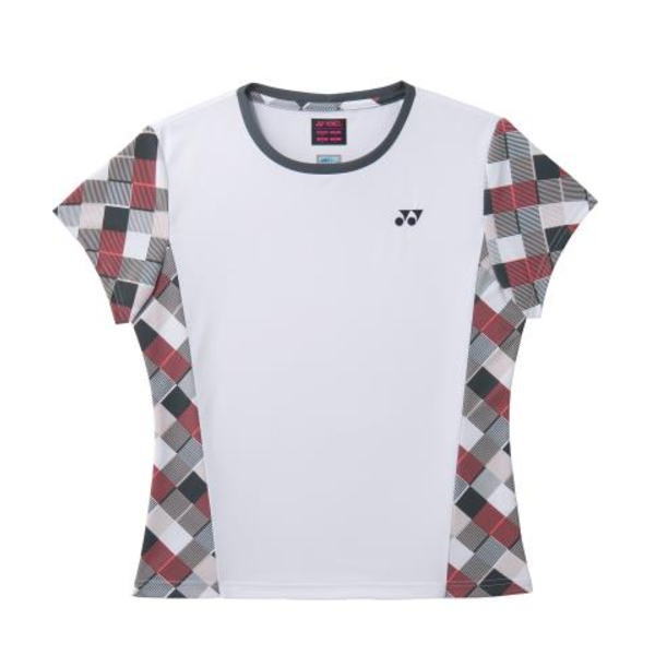 White athletic T-shirt with argyle-patterned side panels and sleeves in red, gray, and black; small Yonex logo on the left chest.