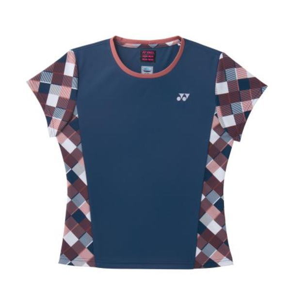 Blue athletic T-shirt with multicolor argyle side panels and sleeves; small white logo on the left chest.