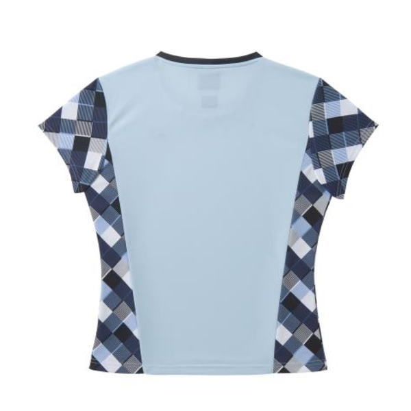 Back view of a light blue short-sleeve sports shirt with navy argyle side panels.