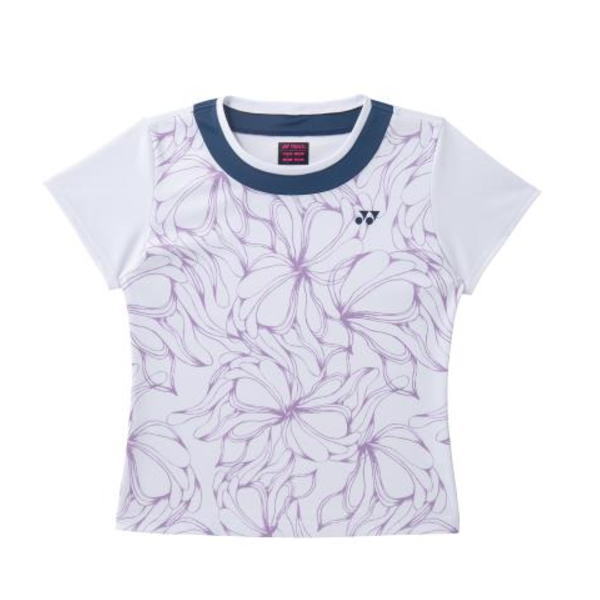 White short-sleeve T-shirt with a purple floral pattern, navy crew neck, and a small left-chest logo.