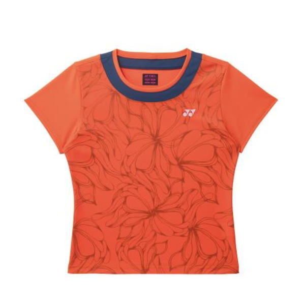 Orange short-sleeve athletic shirt with a dark blue crew neck and a subtle floral pattern; small white logo on the left chest.