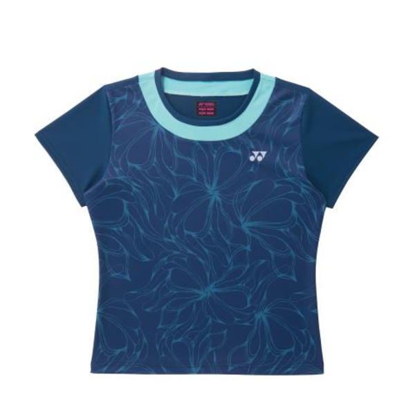 Blue patterned athletic shirt with light blue neckline, dark blue sleeves, and a small white Yonex logo on the chest.