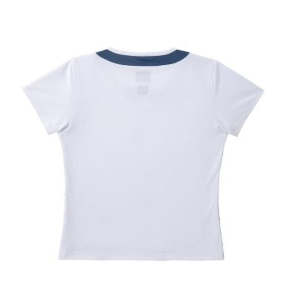 White short-sleeve T-shirt shown from the back, with a dark navy collar trim.