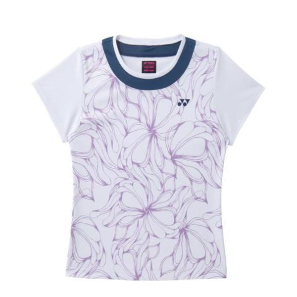White short-sleeve sports shirt with a purple floral pattern, navy crew neck, and a small dark logo on the left chest.
