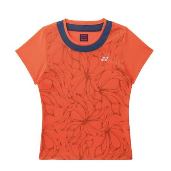 Orange athletic T-shirt with a dark blue crew neck, featuring a subtle floral pattern and a small white Yonex logo on the left chest.