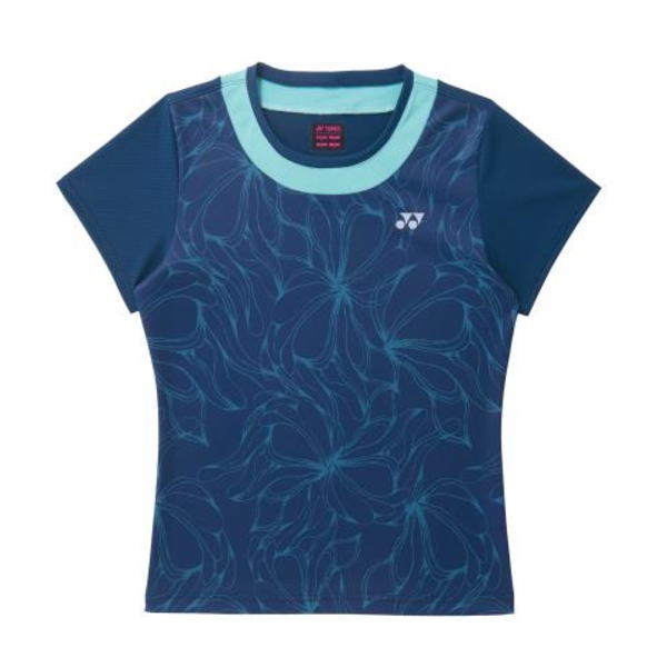 Blue short-sleeve athletic shirt with a light cyan crew neck and an abstract teal floral pattern; small white logo on the left chest.
