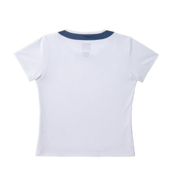 White short-sleeve T-shirt shown from the back with a navy blue collar edge.
