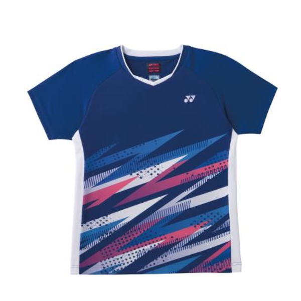 Blue athletic T-shirt with white trim and side panels, featuring pink, blue, and white diagonal graphic and a small Yonex logo.