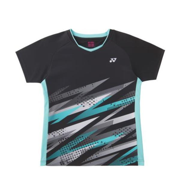 Black short-sleeve athletic shirt with turquoise trim and a bold diagonal teal/gray/black pattern on the front; small brand logo on the left chest.