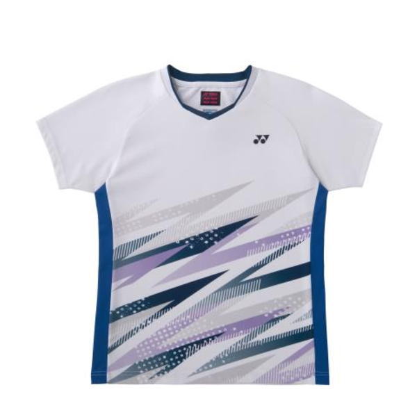 White athletic T-shirt with blue side panels and purple-gray diagonal graphic pattern; Yonex logo on the left chest.