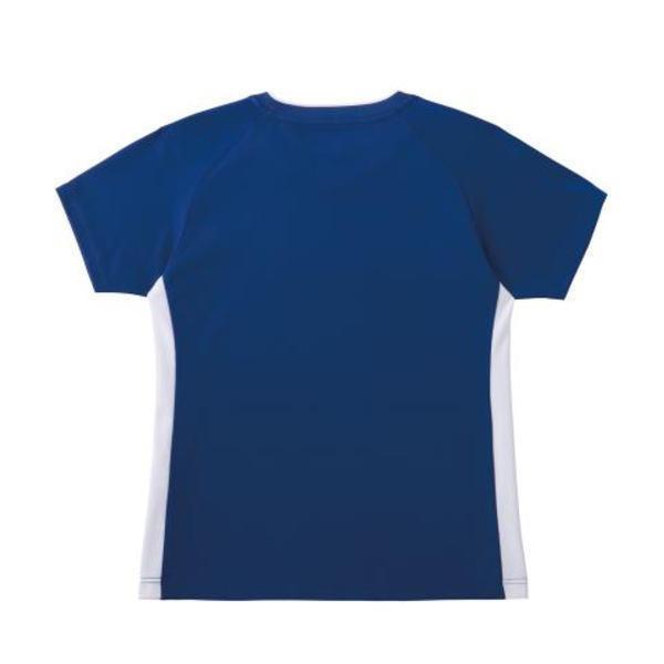 Back view of a blue short-sleeve athletic T-shirt with white side panels.