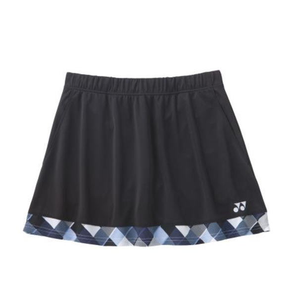 Black athletic skirt with an elastic waistband, features a blue argyle-patterned hem and a small brand logo on the lower right.