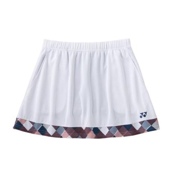 White athletic tennis skirt with a multicolor argyle hem and Yonex logo at the hem.