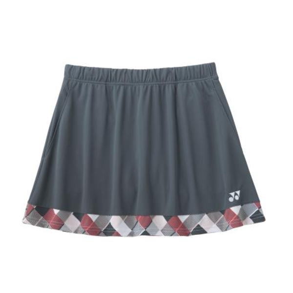 Gray athletic tennis skirt with a red, white, and gray argyle hem trim and a Yonex logo on the lower right