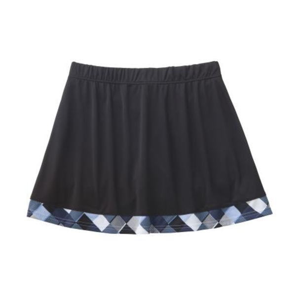 Black skirt with a blue plaid border along the hem, A-line silhouette for casual wear