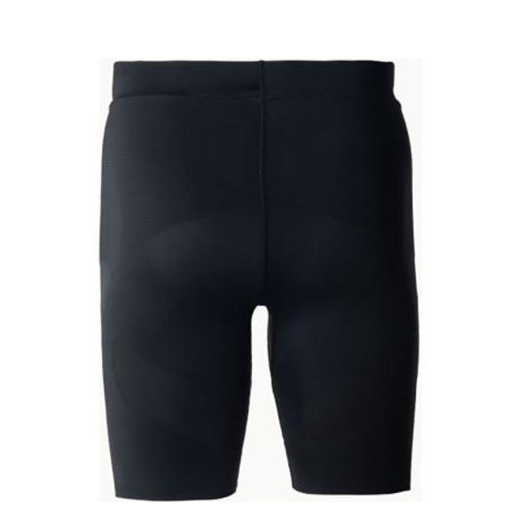 Back view of black athletic compression shorts. Gently fitted, knee-length workout shorts seen from behind.