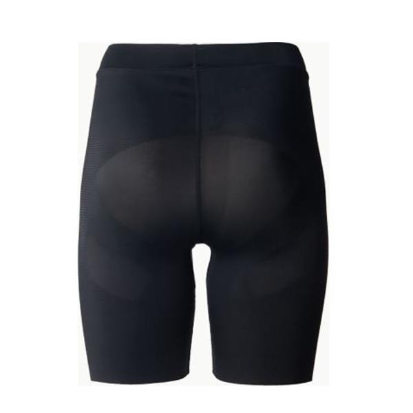Black seamless compression shorts viewed from the back, mid-thigh length, on a white background.