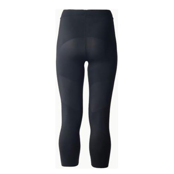 Back view of black capri-length athletic leggings with a snug fit.