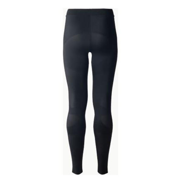 Back view of black full-length leggings on a white background.