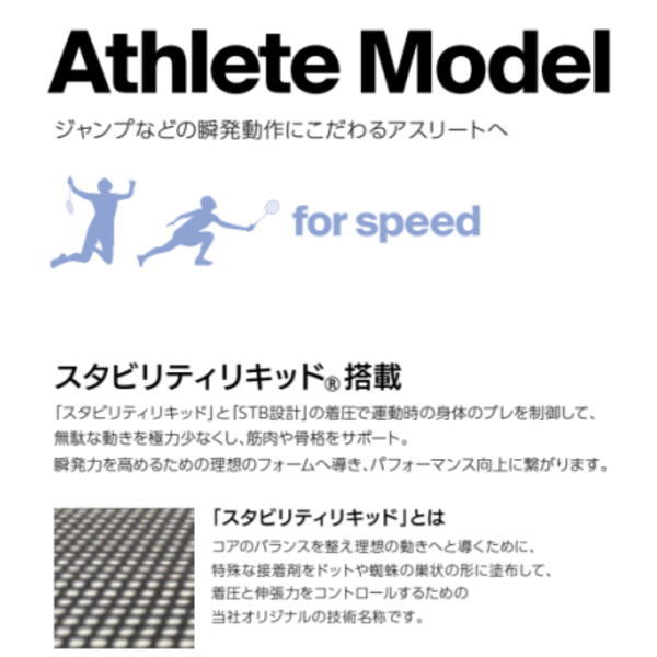 Athlete Model header with a bold title, a Japanese subtitle, blue running silhouettes and the 'for speed' logo; includes a section teaser about 'スタビリティリキッド 搭載' with a small grayscale pattern image.