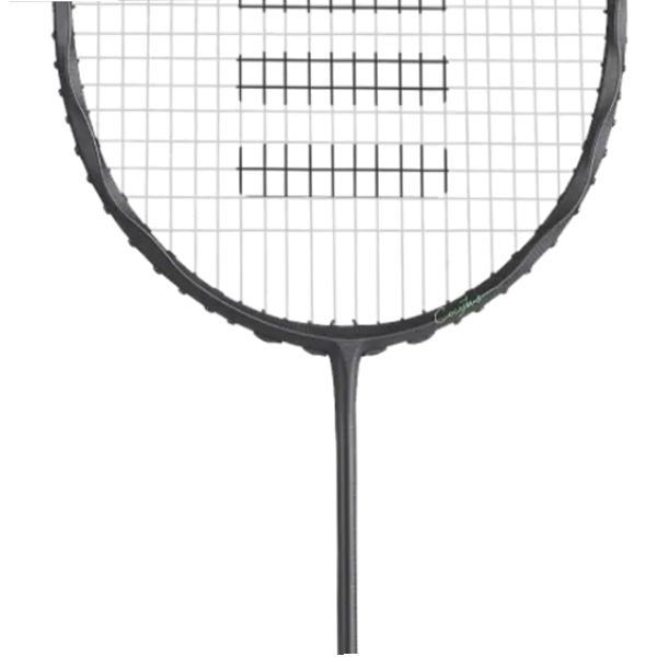 Close-up of a badminton racket head with strings visible against a white background in black frame.