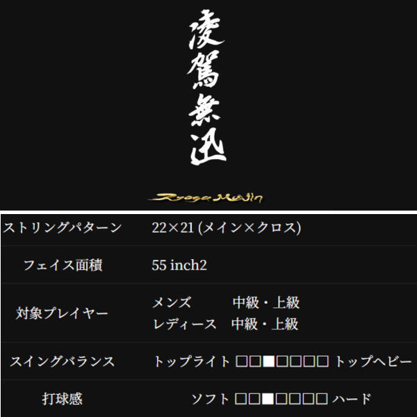 Black background with a vertical white Japanese title and gold signature at the bottom; beneath is a Japanese spec table (string pattern, face area, players, swing balance, feel).