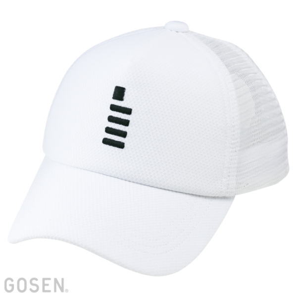 White baseball cap with a breathable mesh back and a black vertical stripe logo on the front panel; GOSEN watermark visible in the corner.