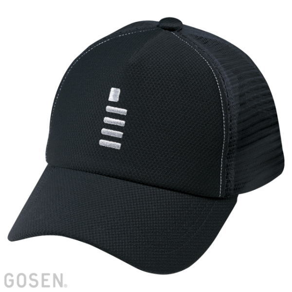 Black curved-brim baseball cap with a mesh back and a small white bar-style logo on the front panel (GOSEN branding visible at the corner).