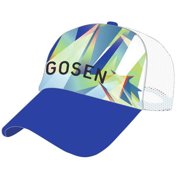 Colorful geometric-pattern cap with blue brim and 'GOSEN' on the front panel.