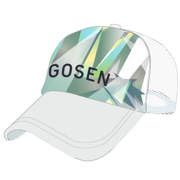 Trucker-style baseball cap with a colorful geometric pattern on the front and the word GOSEN, white bill and mesh back.